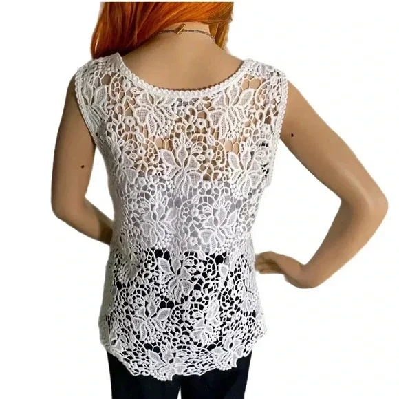 NWOT Ann Taylor LOFT  Women’s White Crochet Lace Sleeveless Top Cotton Blouse - Picture 5 of 11